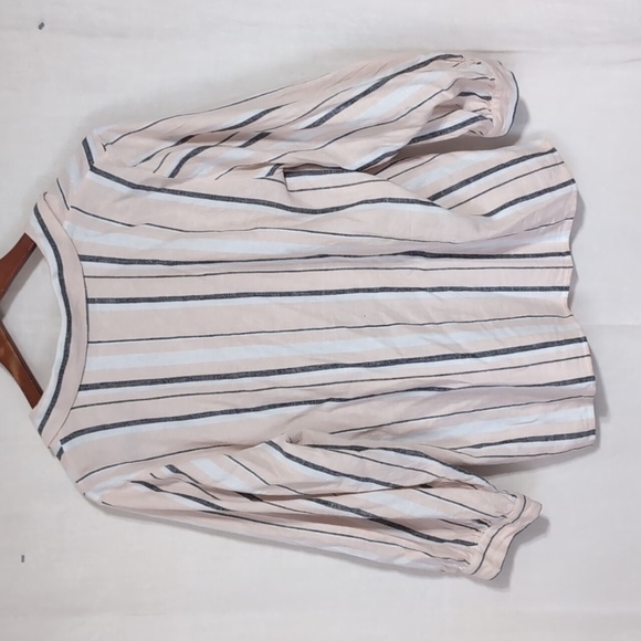 Karl Lagerfeld Spread Collar Peach Grey Striped Linen Blend Button Up Medium - Picture 7 of 7